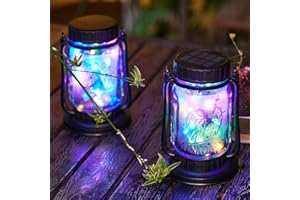 E-KONG Solar Lanterns Fairy Lights, 2 Pack Solar Mason Jar Lights, Hanging Solar Lanterns Outdoor Waterproof, Glass Jar Starry Fairy Light with 30 LEDs Halloween Decoration for Garden Patio Xmas (Colorful)