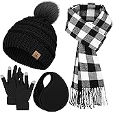 Winter Hat Scarf Gloves and Ear Warmer, Knit Warm Beanie Hat Touch Screen Gloves Long Knitted Plaid Scarf Set Gifts for Women
