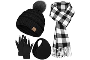 LOROME Winter Hat Scarf Gloves and Ear Warmer, Knit Warm Beanie Hat Touch Screen Gloves Long Knitted Plaid Scarf Set Gifts for Women
