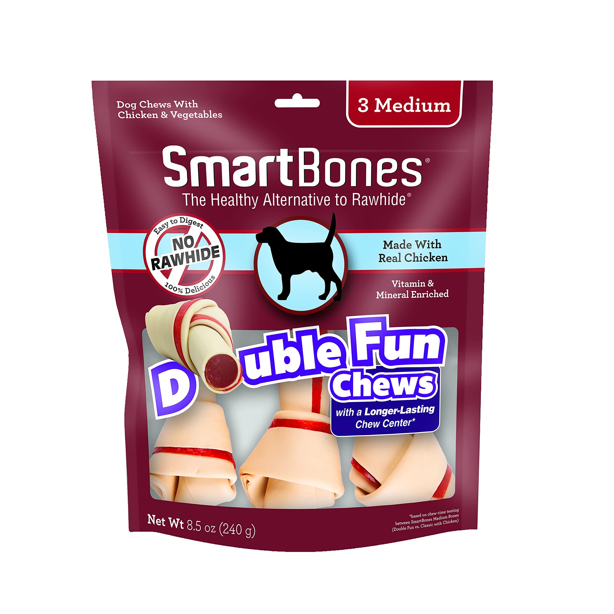 SmartBones DoubleTime Chews 3 Count, Medium, Rawhide-Free Chews For Dogs With Long-Lasting Chew Center