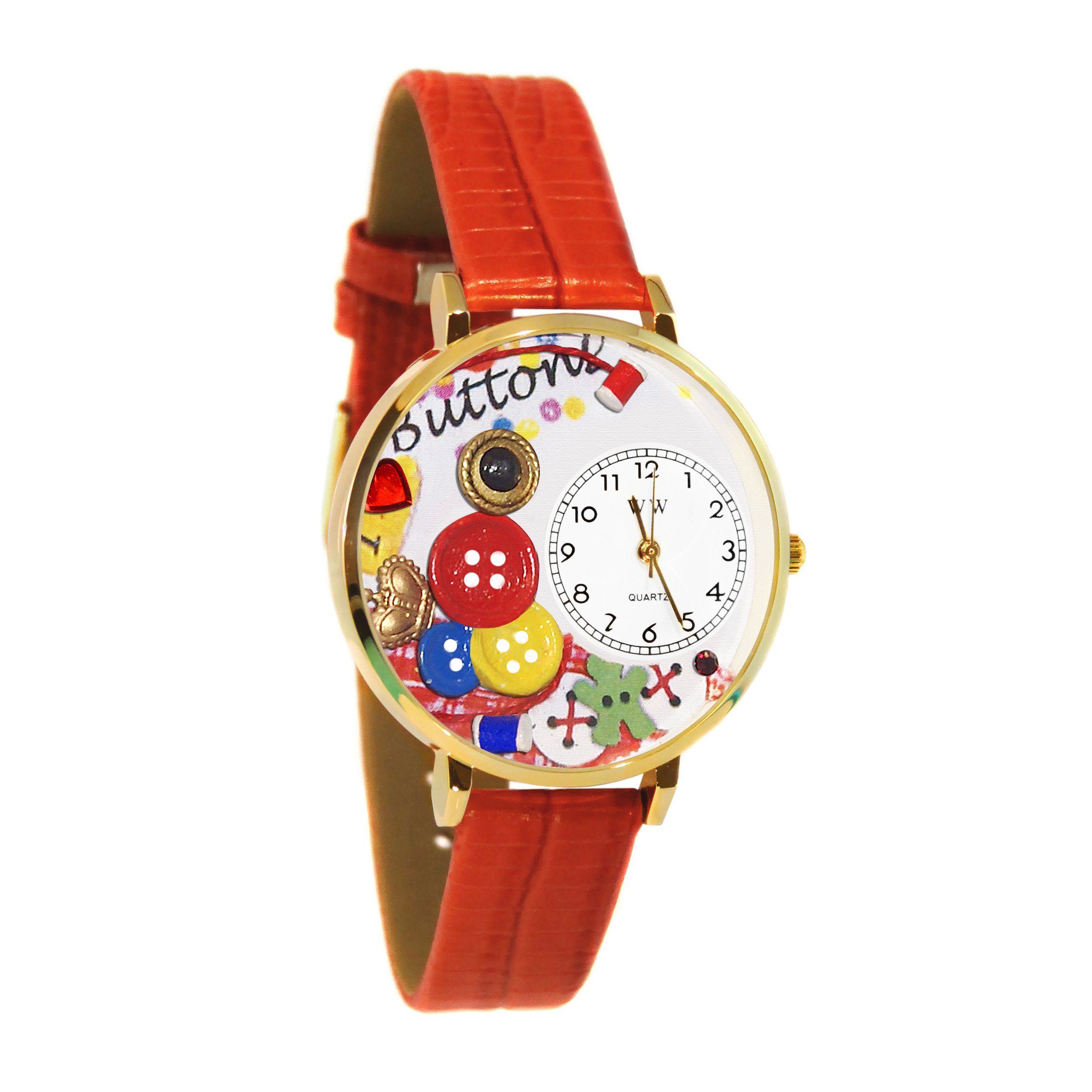 Whimsical Watches I Love Buttons Red Leather and Goldtone Unisex Quartz Watch with White Dial Analogue Display and Multicolour Leather Strap G-0410011