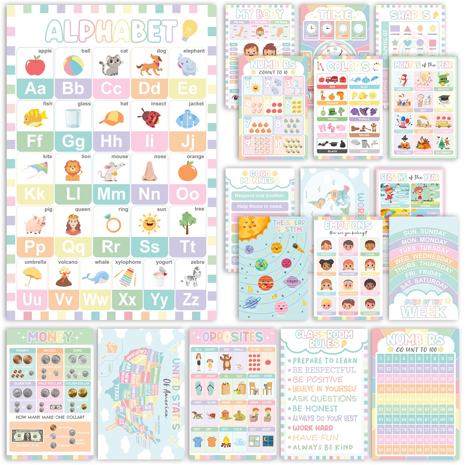 Photo 1 of 18 Pastel Educational Posters, 1-3-5 - Laminated Learning Posters for Pre-K and Kindergarten, ABC Chart, Numbers, Colors, Shapes, Days of The Week,Classroom Supplies Decor