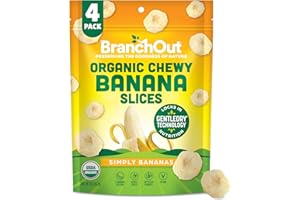 BranchOut Chewy Banana Slices, No Sugar Added, GentleDry Locks in Nutrition, Better than Freeze Dried Banana Chips, Healthy Vegan Halloween Fruit Snacks for Kids & Adults, 2 oz Snack Size (Pack of 4)