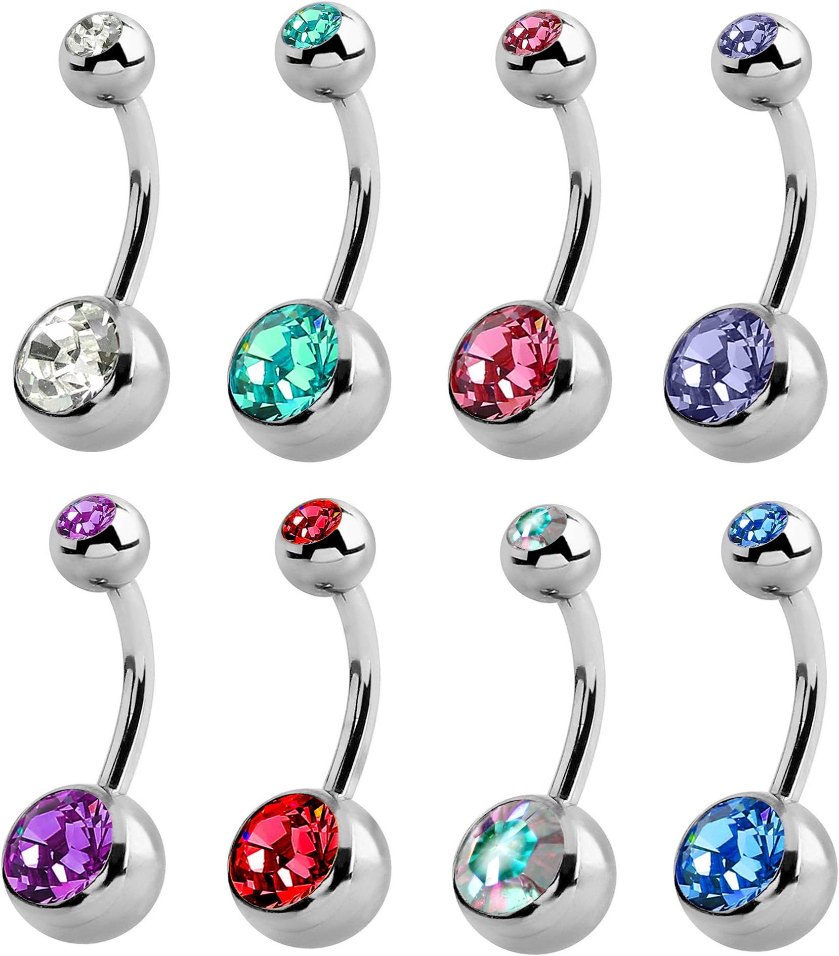Double Jeweled Body bar -Great Deal for 8 Pieces - Suitable for First Piercing - Navel Jewellery - Belly bar - Sizes 8mm, 10mm & 12mm