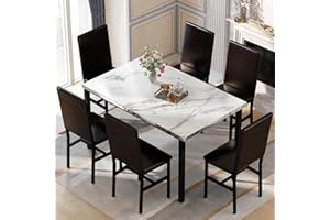Recaceik 7 Piece Dining Table Set for 6, Faux Marble Kitchen Table with 6 PU Leather Chairs, Modern 6 Person Dining Room Table Set for Small Space, Living Room, Apartment