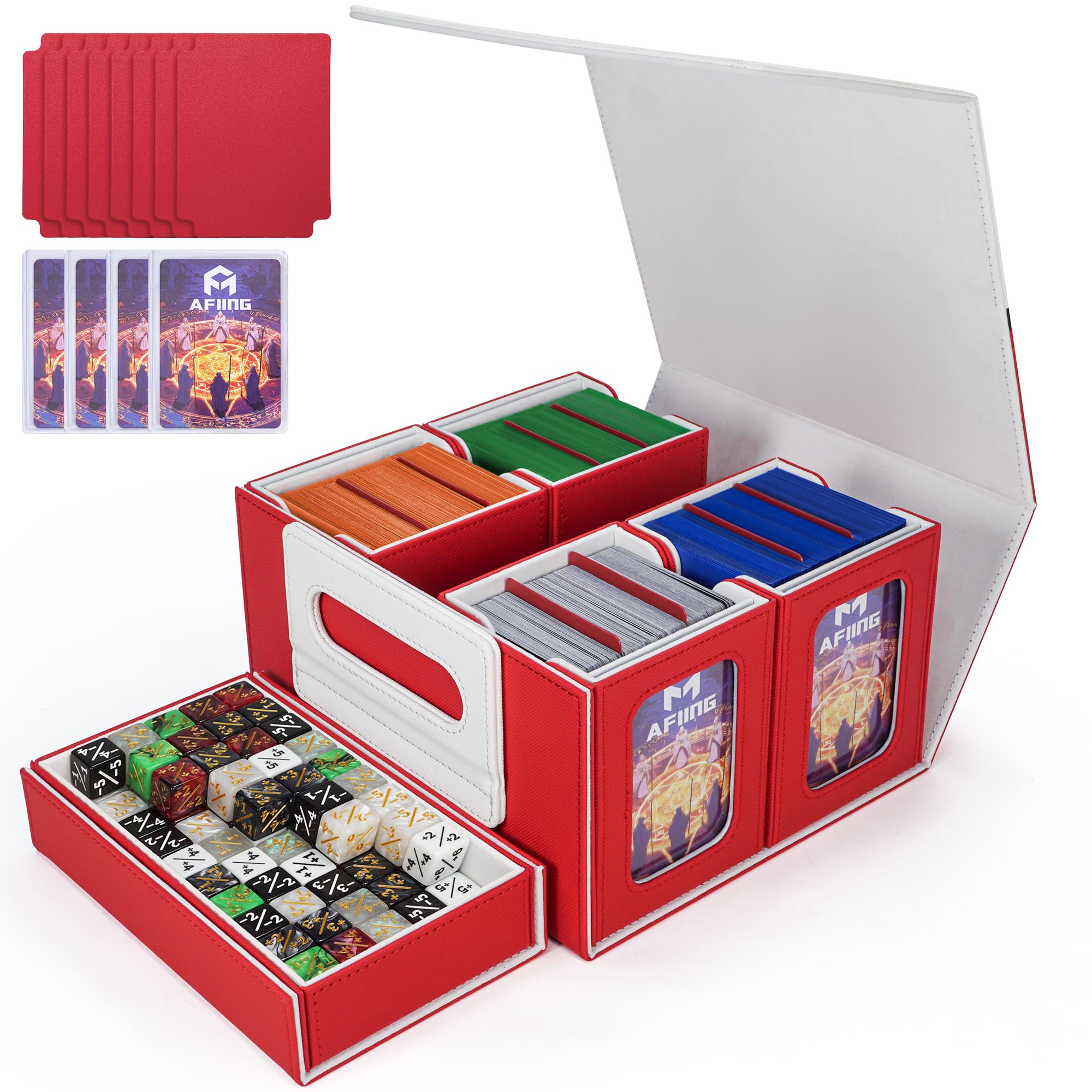 Photo 1 of AFIING Commander Deck Box For Mtg Fits 400+ Double-Sleeved Cards, 5-in-1 TCG Storage Box with Removable Deck Case, 4 Toploaders, Dice Tray & Handle for TCG/Sports Cards (Black Purple)
