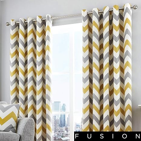 Fusion Chevron 100 Cotton Ready Made Pair Of Eyelet Curtains
