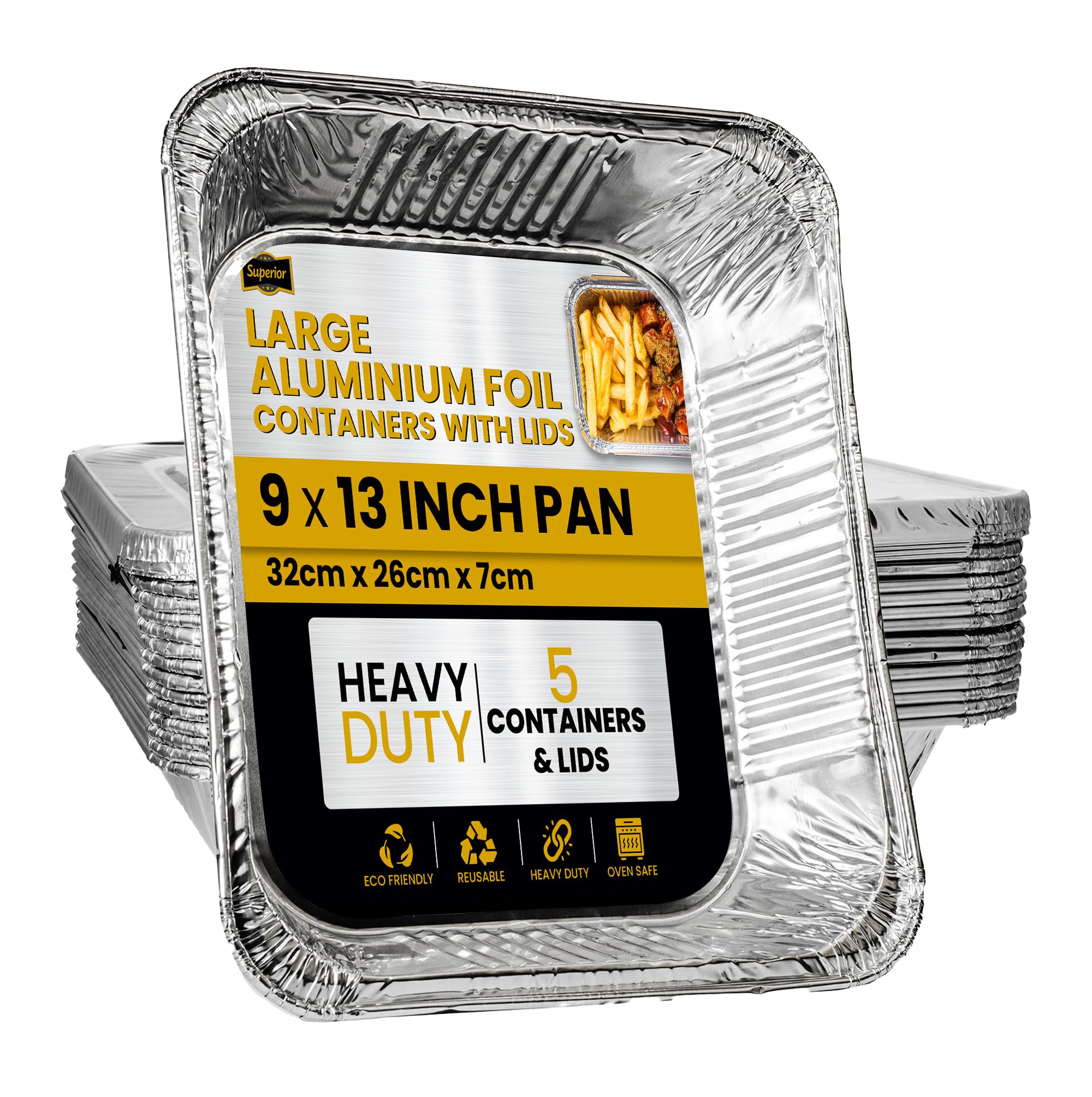 Superior Foil Containers with Lids – 9x13 Inches Sturdy Deep Foil Trays with Lid, Ideal for Cooking, Baking,Roasting, BBQ, Meal Prep Storage Tray – Large Foil Trays with Lids (5 Pack)