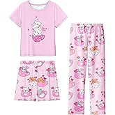 LQSZ Girls Pajamas Set 3 Piece Cute Sleepwear Short Sleeve Lounge set Kids Nightwear
