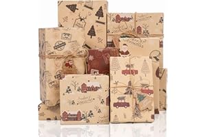 Toptime Christmas Wrapping Paper, 6 Sheets Vintage Gift Wrapping Paper with Ribbon Tags, Red Xmas Kraft Wrap Paper w/Santa Cl