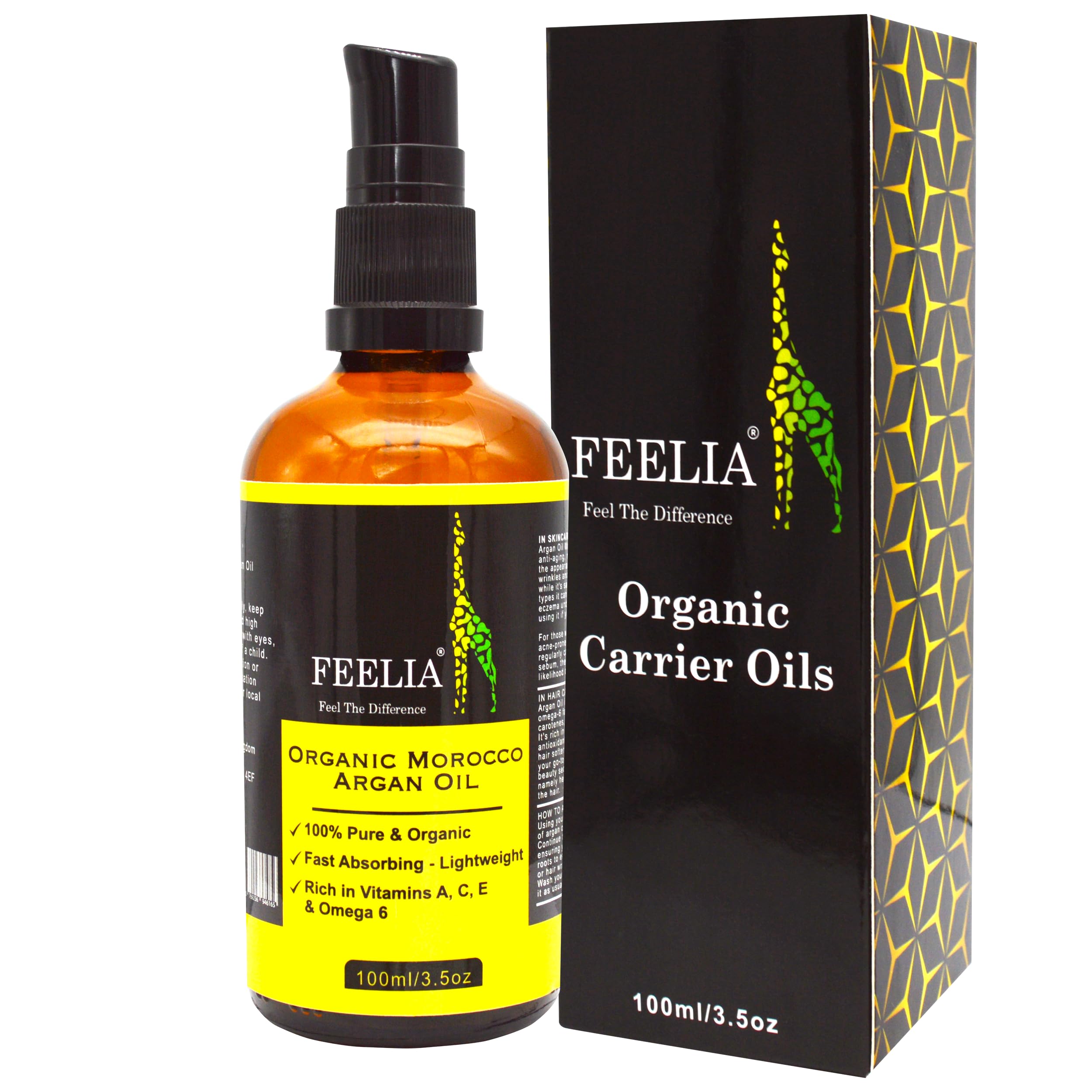 Feelia - Organic Morocco Argan Oil - Cold Pressed, Rich in Vitamins A, C, E & Omega 6 - Lightweight, 100% Pure & Organic - 100ml