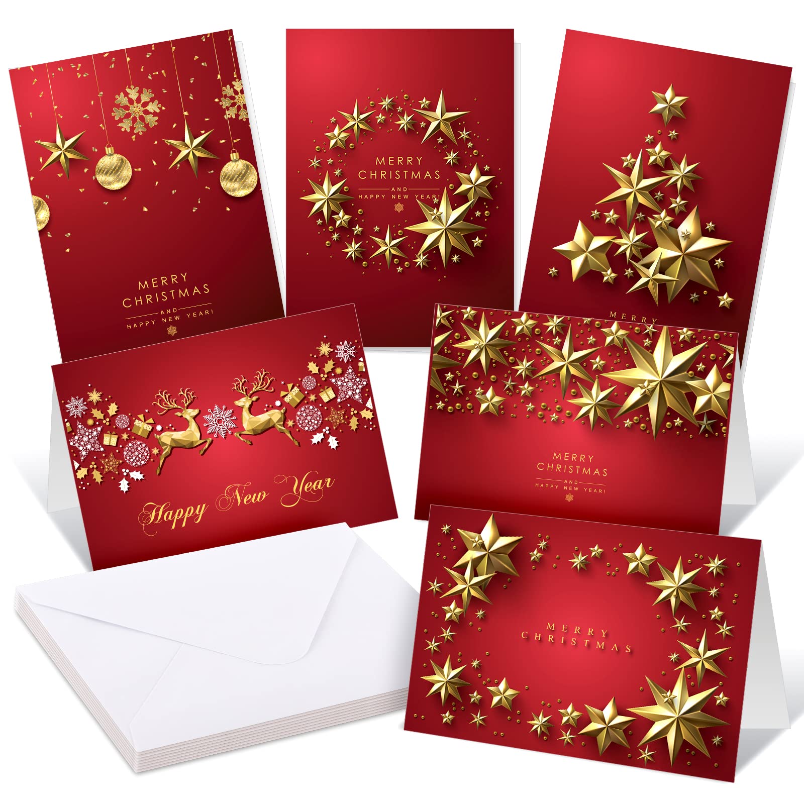 Whaline 30 Pack Christmas Greeting Cards with Envelopes 5 x 7 Inch Red Gold Xmas Note Cards Luxury Golden Star Patterned Holiday Cards for Family Members Friends Party Favor Supplies