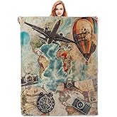 VANZEV Travel-Themed Blanket, Vintage Airplane Hot Air Balloon Cameras Flannel Throw Blankets,Soft Warm Lightweight Cozy Plush Throws for Bedroom Sofa Office Home Decor Gifts for Women Girls 60"x50"