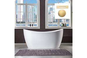 WOODBRIDGE 59" Acrylic Freestanding Bathtub Contemporary Soaking White Tub with Brushed Gold Overflow and Drain,BTA1516 BG