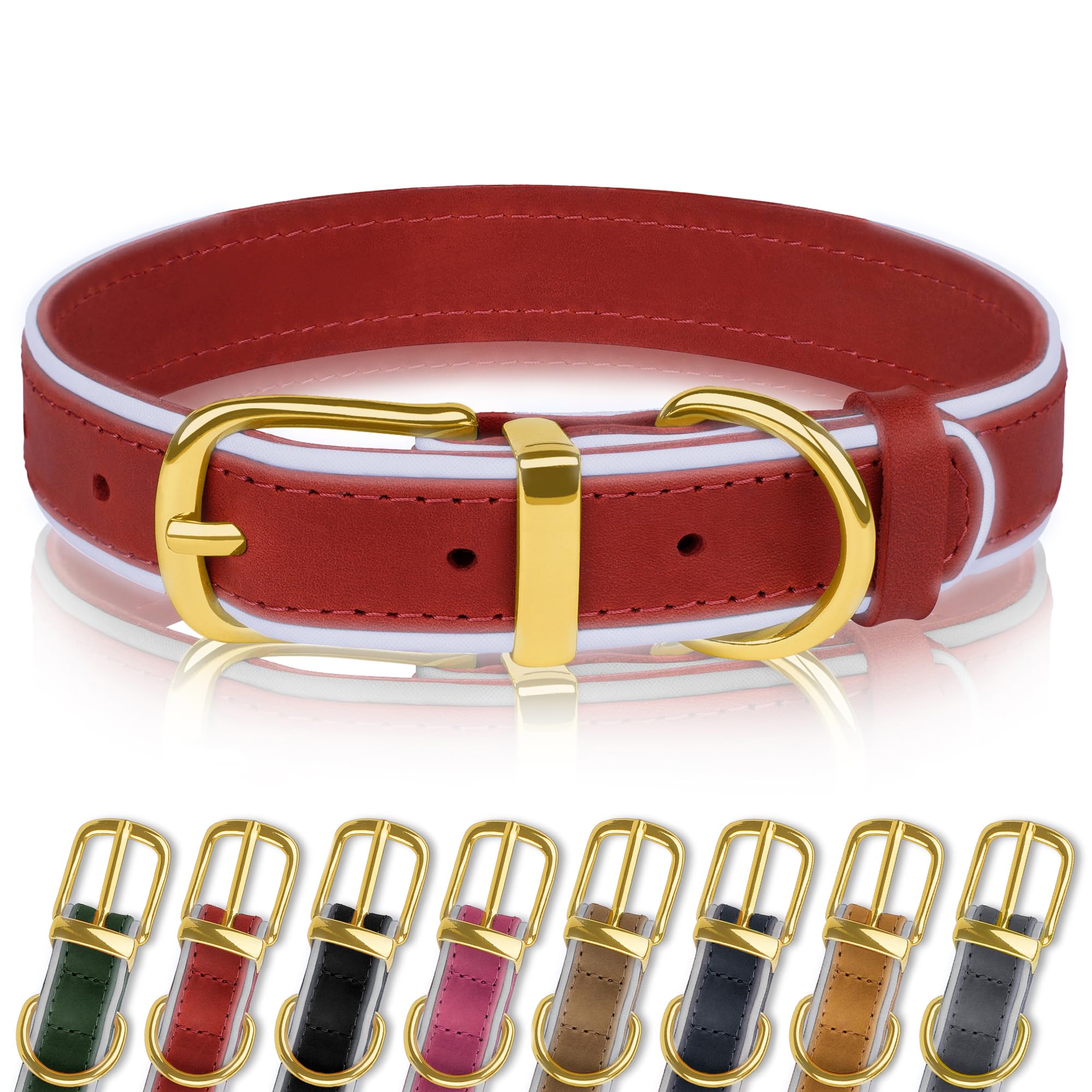 OOPSDOGGY Reflective Geniune Leather Dog Collar Soft Padded Collars for Small Medium Large Breed Dogs Puppy, 4 Sizes, 8 Colors (Red, 19"-24")