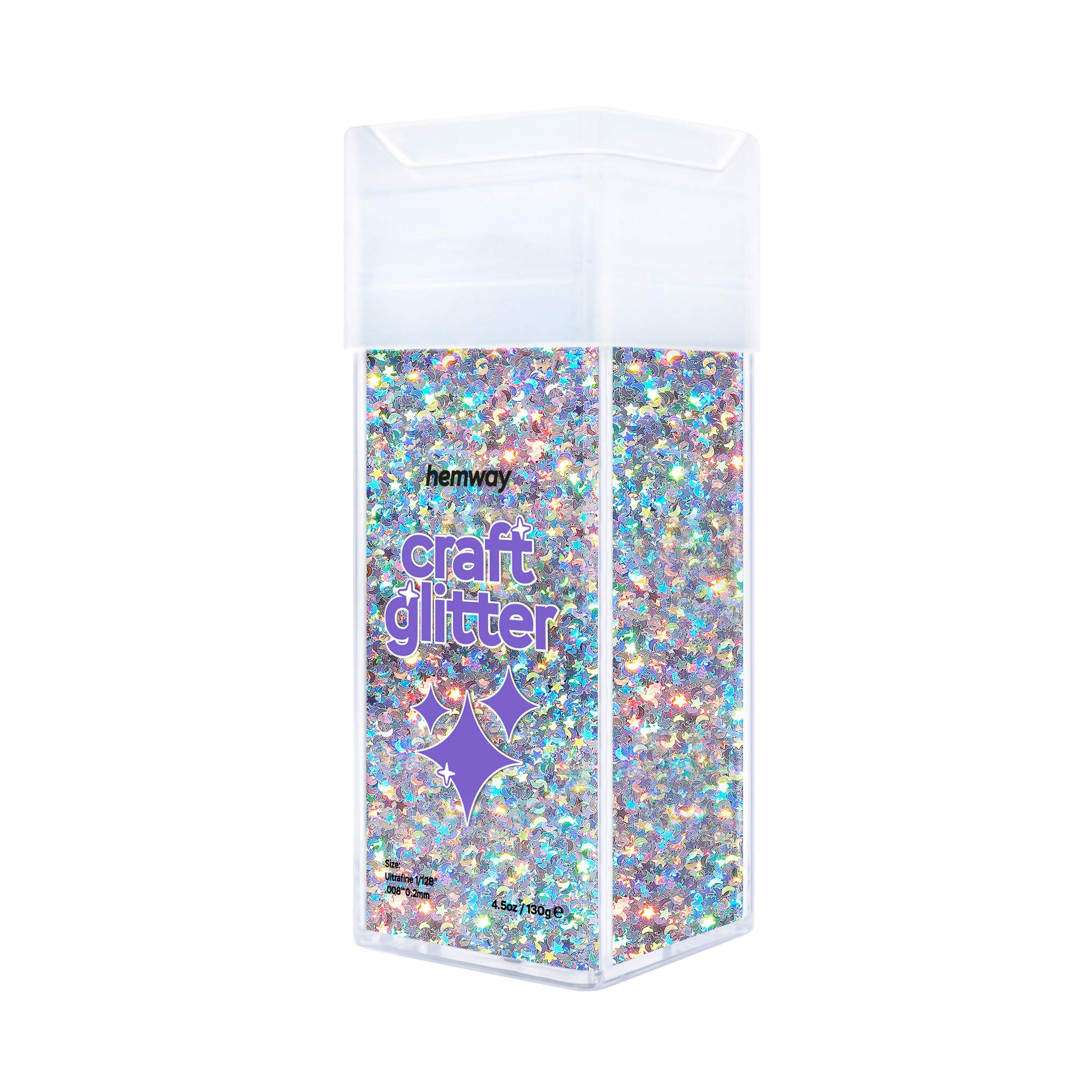 Hemway Silver Holographic Glitter Shaker, 80g Stars & Moons Glitter for Crafts Metallic Flake Sequins for Resin & Epoxy Crafts for Decorating, Halloween, Christmas, Nail, Face, Bunting, Art