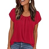 PRETTYGARDEN Womens Tops Dressy Casual Summer 2026 Short Sleeve Blouses Crew Neck Pleated Basic T Shirts Spring Clothes