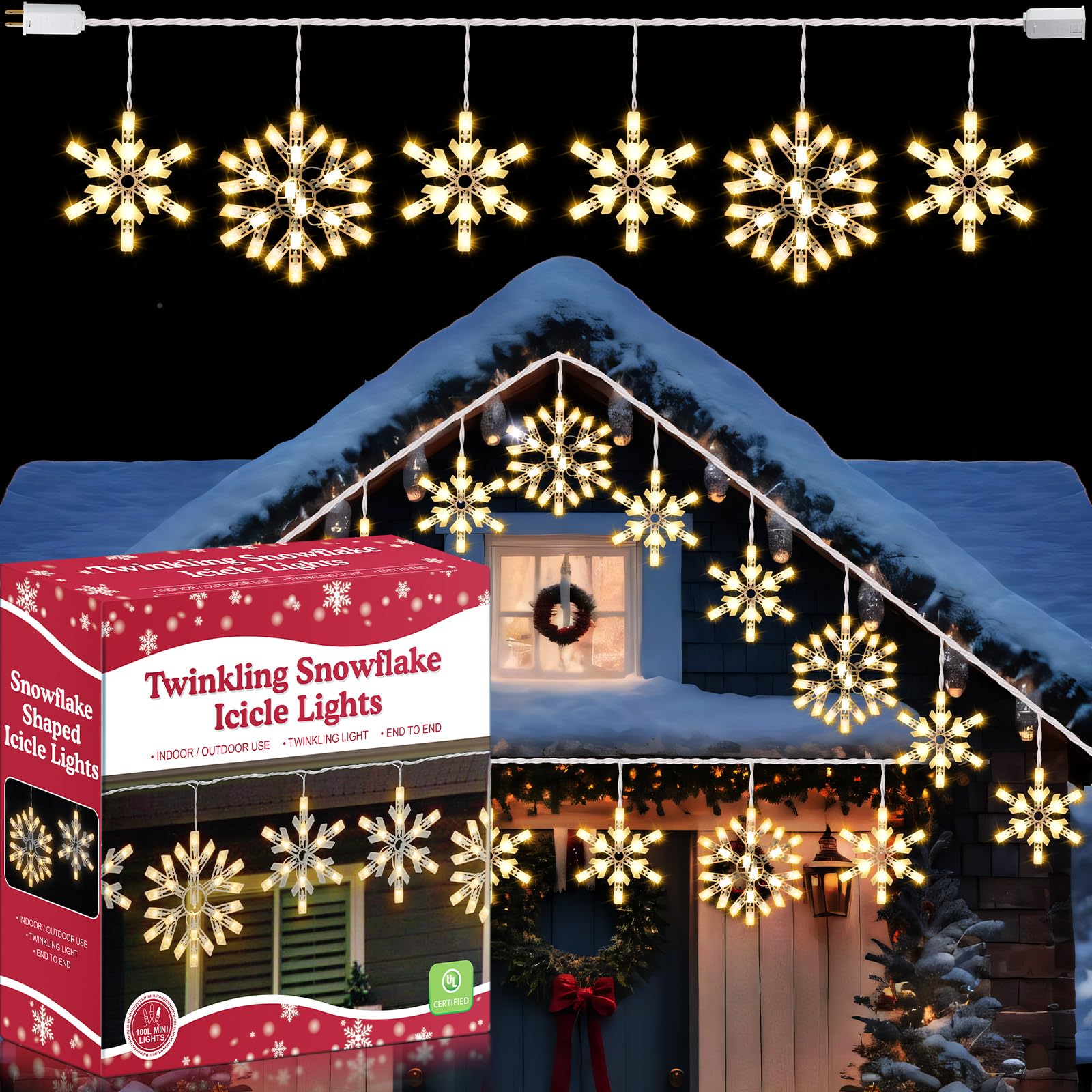 Photo 1 of 1 Pack Twinkling LED Christmas Snowflake Lights with 6 Drops, 8.8FT 14 of 100 Random Twinkle Christmas Snowflake String Lights, Connectable Hanging Plug in Icicle Light for House Roof (Warm White)