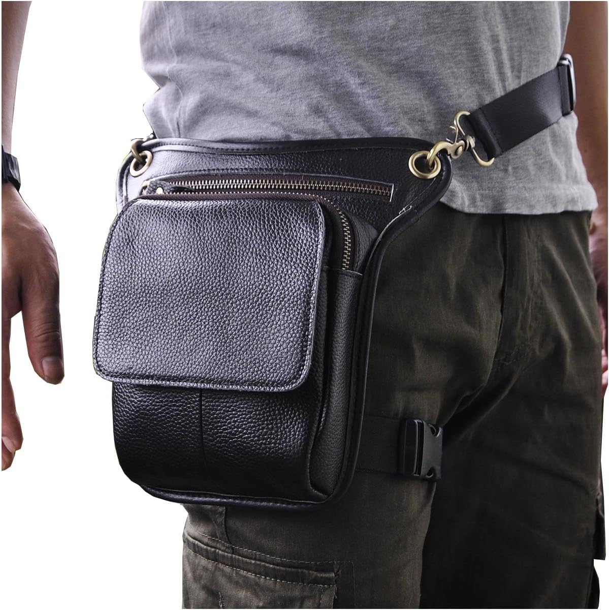 Le'aokuu Mens Genuine Leather Messenger Motorcycle Outdoor Hip Bum Fanny Belt Waist Pack Drop Leg Thigh Bag 211-1 (211-1 A3 Black) - Image 3