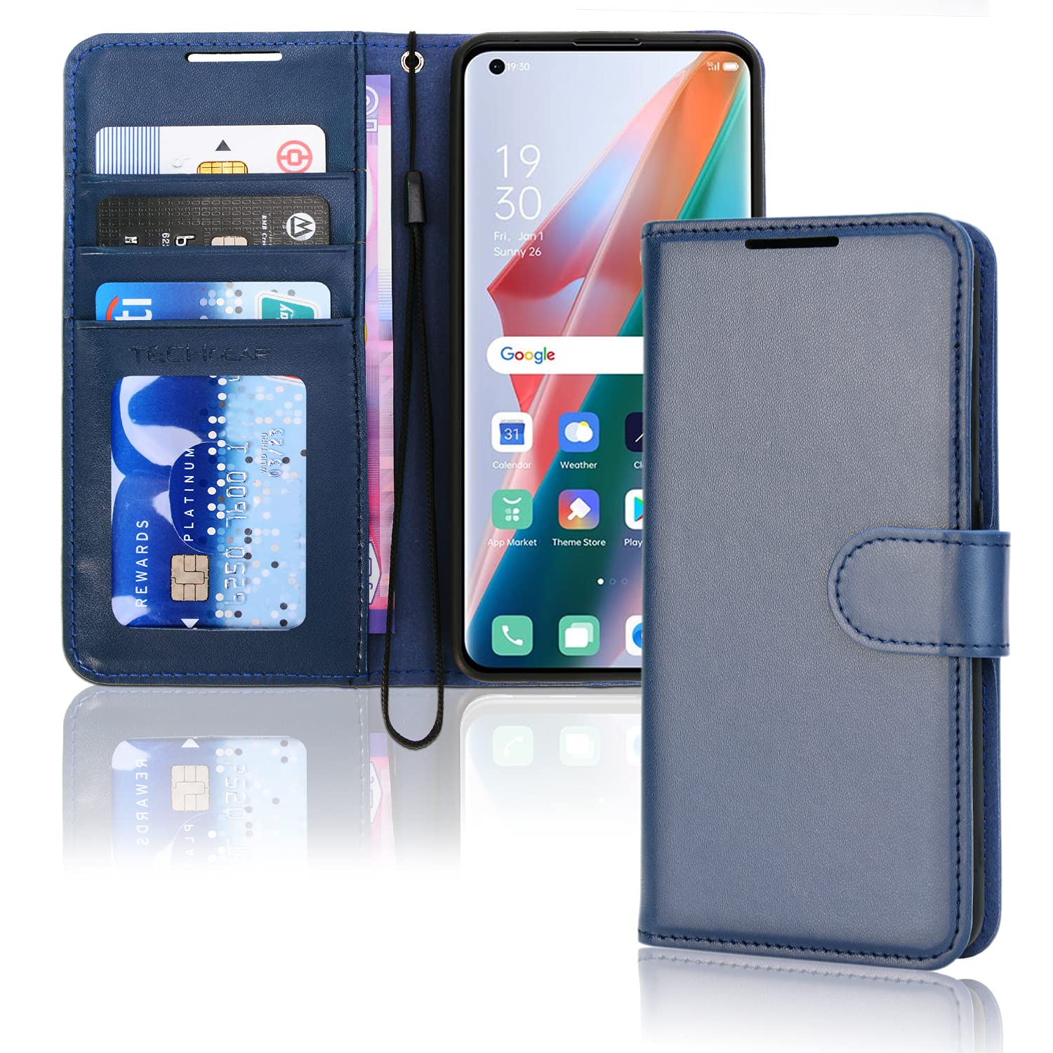 TECHGEAR Leather Wallet Case for Oppo Find X3 Pro 5G, Flip Protective Case Cover with Wallet Card Holder, Stand & Wrist Strap - Blue PU Leather with Magnetic Closure for Oppo Find X3 Pro 5G