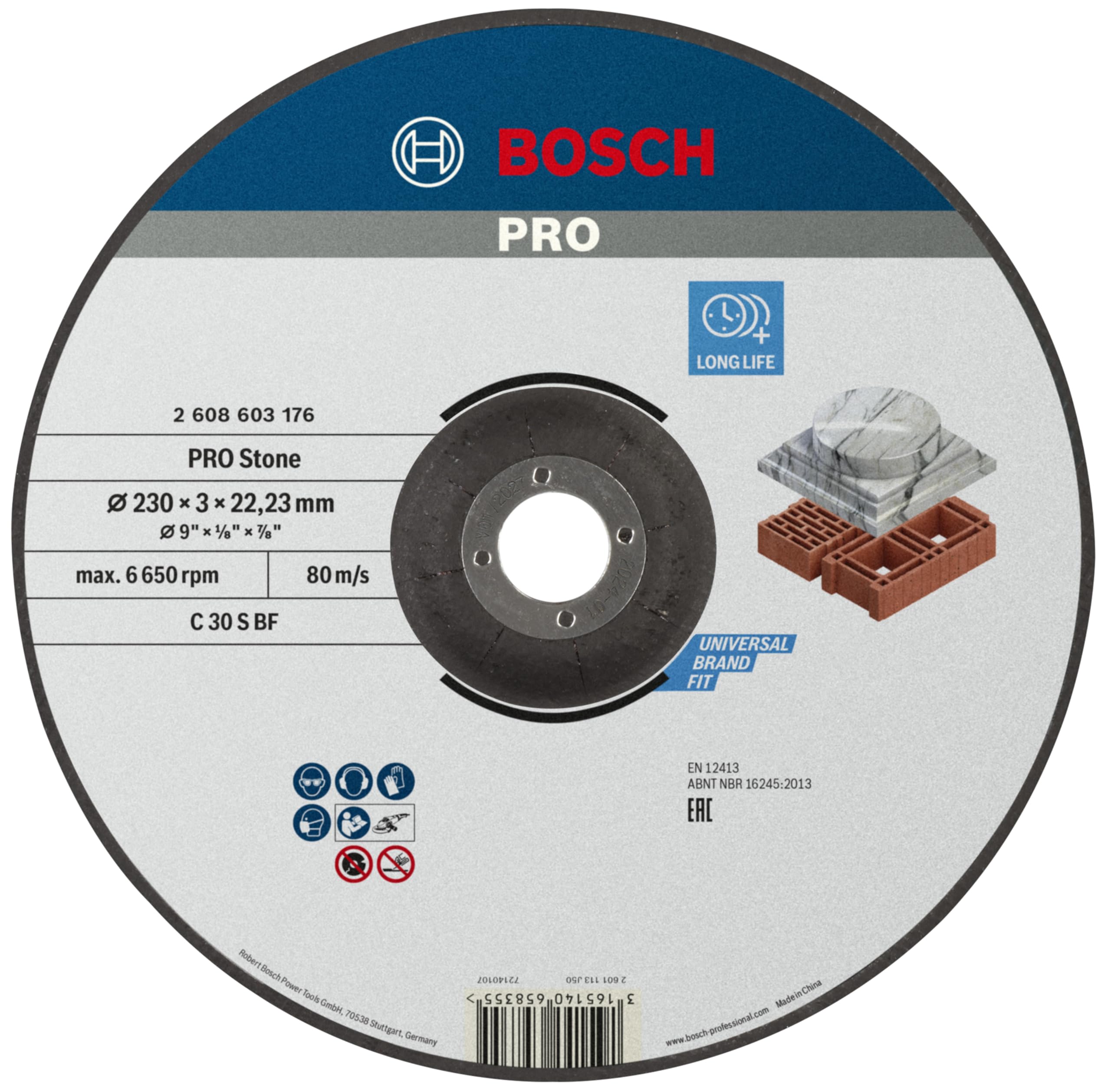 Bosch 1x PRO Stone Longlife Cutting Disc for Large Angle Grinder and Bore 22.23 mm (for Hollow brick building block, Marble, Ø 230 mm, Professional Accessory Large Angle Grinder)