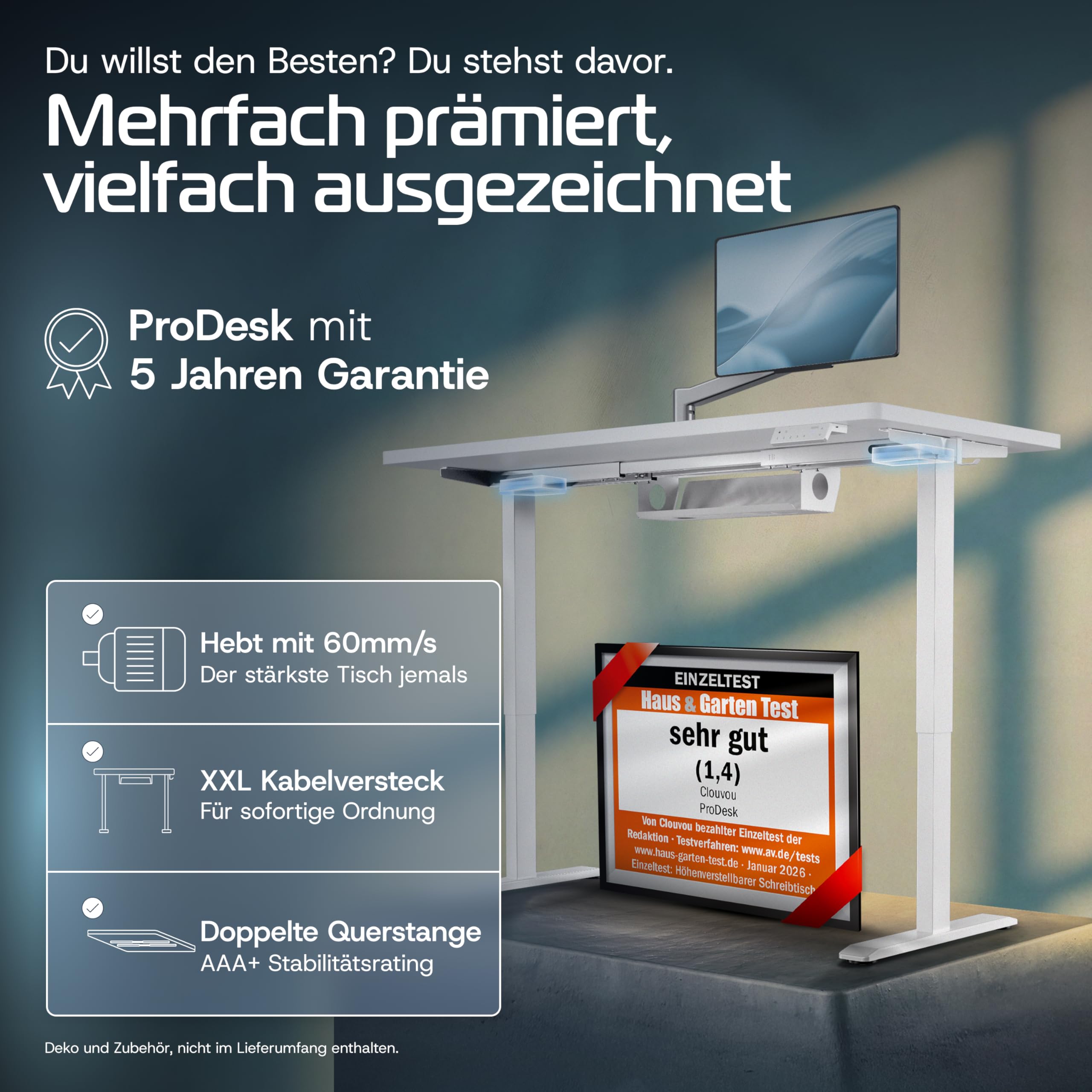 CLOUVOU ProDesk Höhenverstellbarer Schreibtisch elektrisch 160x80cm [TESTSIEGER] Dual-Motor Schreibtisch höhenverstellbar elektrisch | Elektrischer Schreibtisch mit Memory, 2X USB & Kabelversteck 2