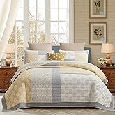 PANGUSHAN Quilt Set Queen Size,100% Cotton Queen Quilt Bedding Set Bedspread,Patchwork Yellow/Gray(Grey) Floral Reversible Quilt Set for Queen Bed,Lightweight Comforter Bed Spread,3 Pieces