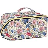 Sgojhrv Vintage Colorful Floral Travel Cosmetic Bag, Large Capacity Portable Organizer Makeup Bag for Women with Divider & Handle