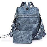 ROOSALANCE Backpack Purse for Women, PU Leather Backpack Purse, Waterproof Anti-Theft Women Backpack, Fashion Multi-Pocket Shoulder Bag Handbag With Clutch, Blue