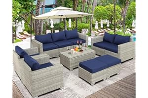 Furnimy Outdoor PE Wicker Patio Furniture Set Rattan Sectional Loveseat Couch Set Conversation Sofa with Storage Box for Balcony Lawn and Garden (Navy Blue) (Gray-Navy Blue)