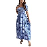 DUKAKII Women's Casual Summer Maxi Dresses Short Sleeve Floral Strapless Dress A Line Boho Ruffle Long Dresses
