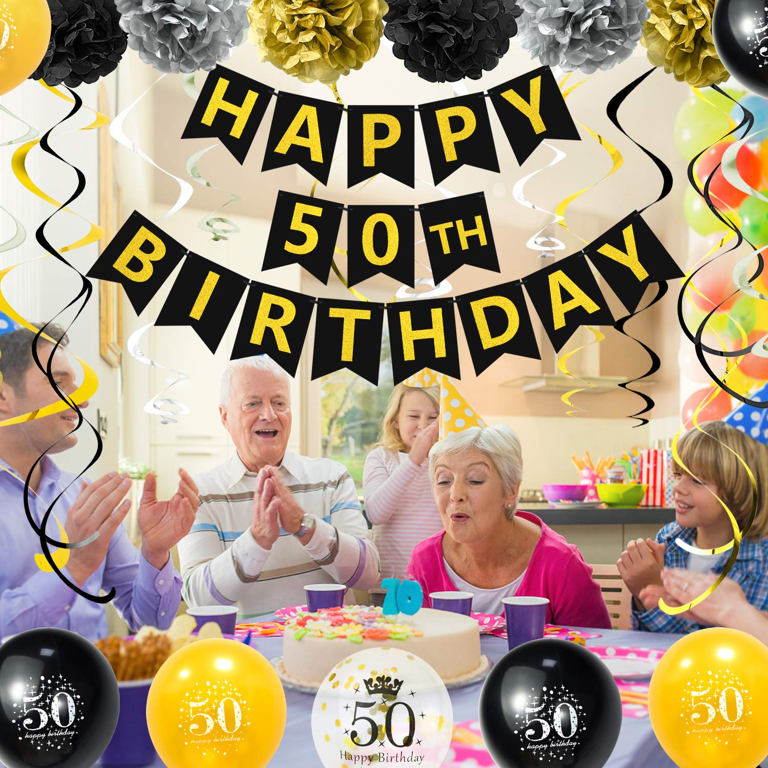 ZukoCert 50th Birthday Decorations Kit Gold Glittery Happy Birthday Banner,6 Pcs Paper Pom Poms,15 Pcs 50 Years Balloons,12 Pcs Sparkling Hanging Swirl Celebrate for 50th Anniversary Decorations Party Supplies