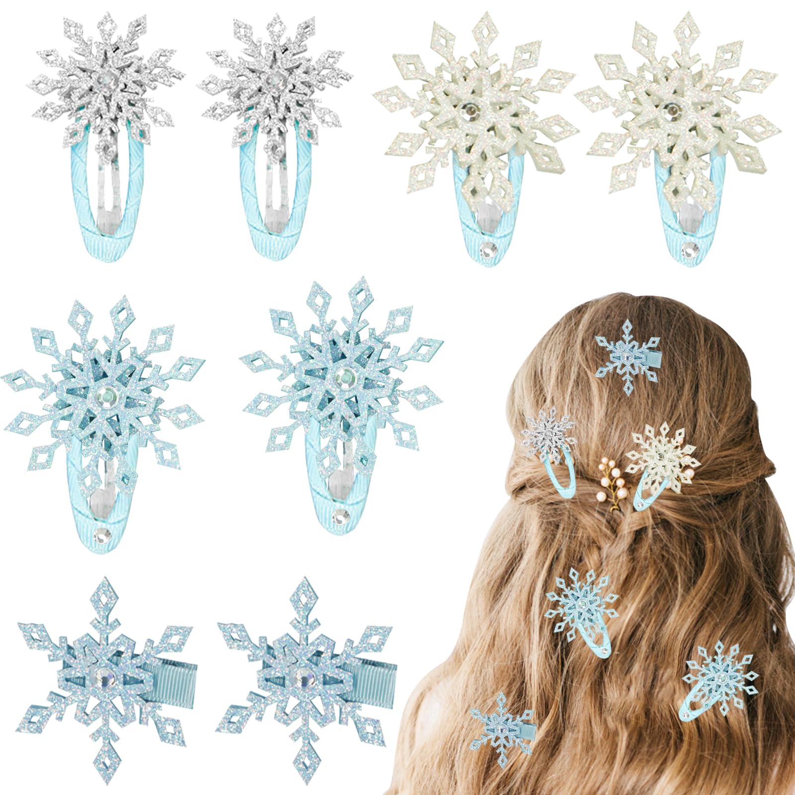 8Pcs Snowflake Hair Clips, Snowflake Hair Accessories Winter Christmas Hair Clips with Shiny Rhinestones, Christmas Hair Accessories Cloth Wrapped Alligator Hair Clips for Holiday Gifts (4 Styles)