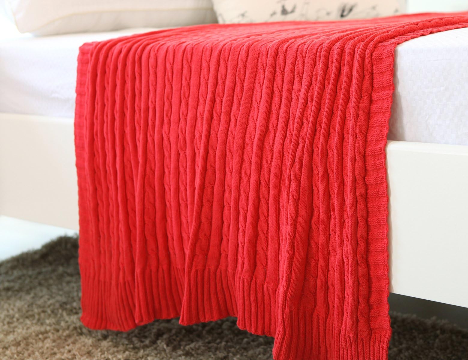 New Year Gift Sales!100% All Cotton Knit Throw for Sofa Classic Cable Pattern, 43x70 Inches, Lightweight Ideal for All Year Round Use, Red
