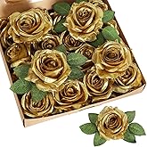 INSUNSIX 20pcs Gold Roses Artificial Flowers Fake Roses Real Looking Silk Flowers Bulk Big Faux Flowers with Stems for Wedding Centerpieces Table Home Party Decoration Bridal Floral Arrangement (Gold)