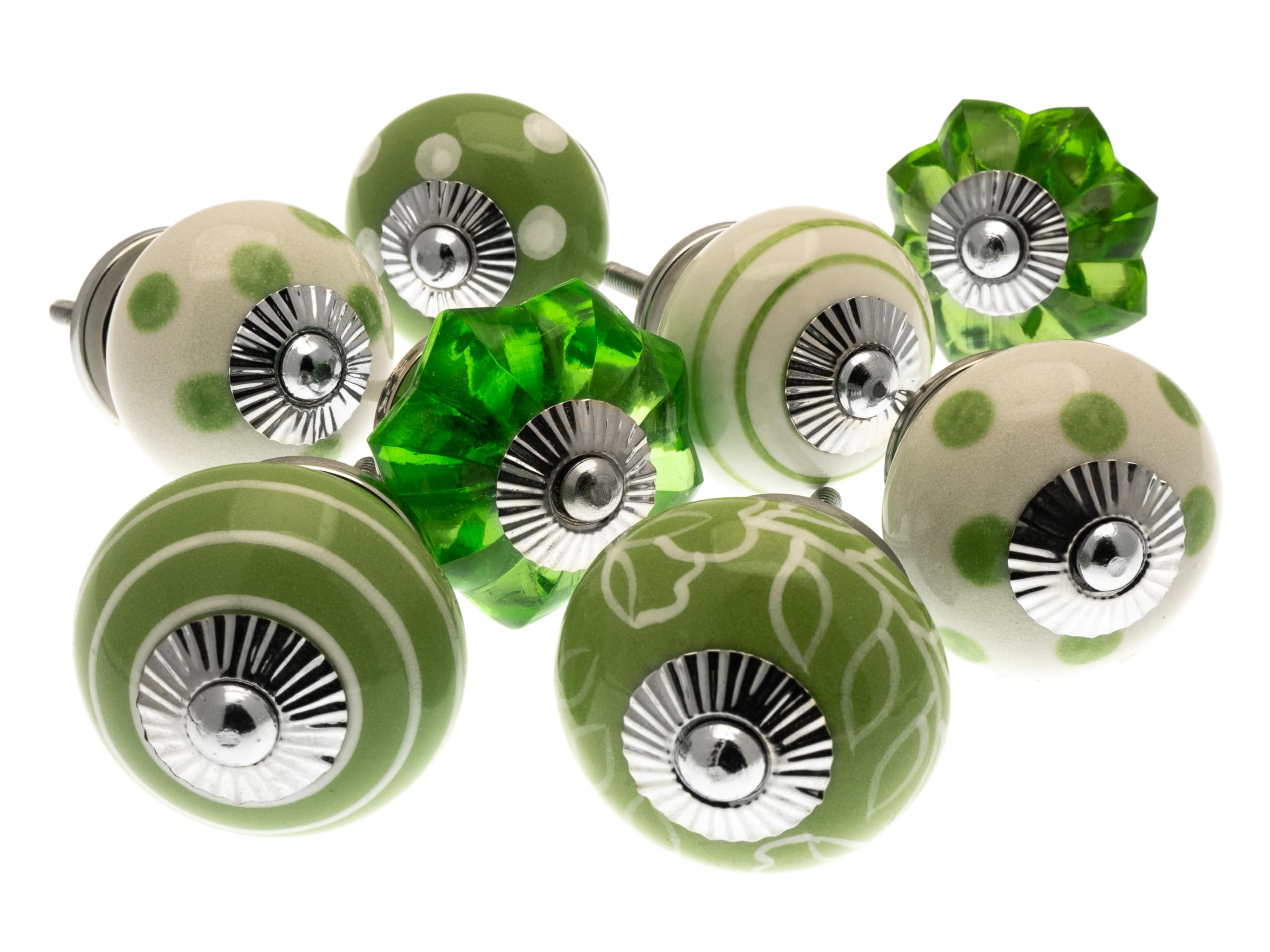 Mango Tree Cupboard Knobs - Decorative Green and White with Dots, Spots and Stripes Ceramic Door and Drawer Handles – Vintage Home Décor Set of 8