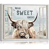 ARTINME Highland Cow Bathroom Wall Art Funny Farmhouse Pictures for Bathroom Decor Country Cattle Painting Canvas Print Decor For Home Office Barhtoom Framed 12x16 inch blue