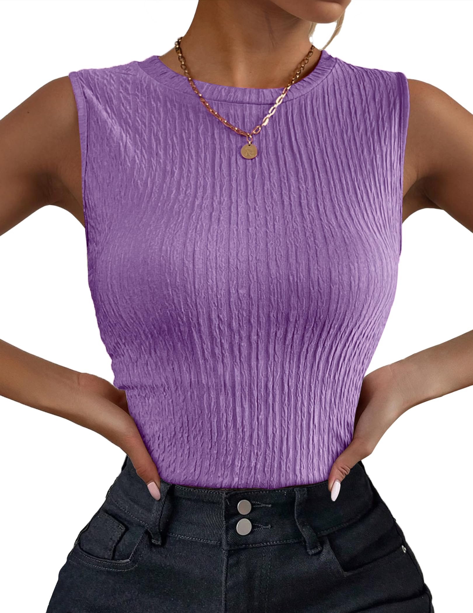 Photo 1 of Zeagoo Basic Tank Tops for Women Summer Sleeveless High Neck Casual Slim Fitted Basic Knit Shirts,Z-Purple, Size Large