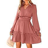 BerryGo Womens Long Sleeve Mini Dress Casual Ruffle Fashion V Neck High Waist A Line Flowy Boho Short Fall Dresses