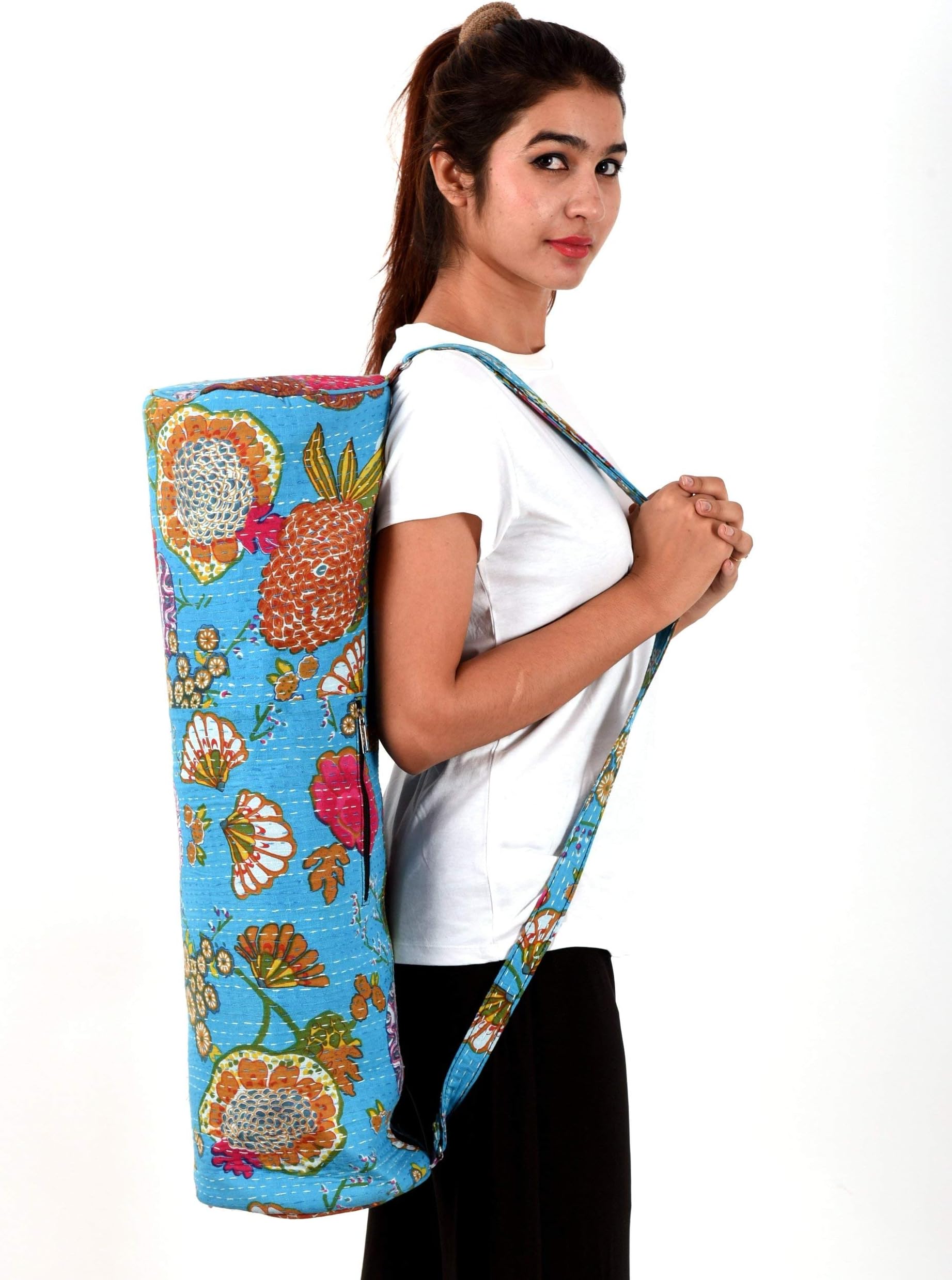 Bag Walas Women's Handicraft-Palace Floral Printed Cotton Kantha Work Yoga Mat Bag (Turquoise)