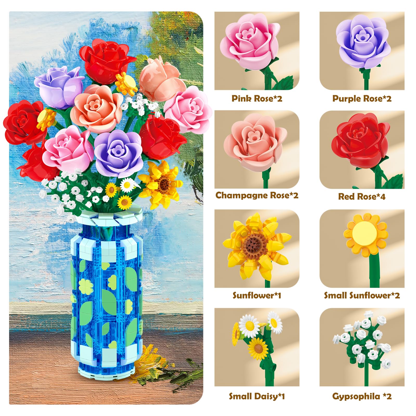 CUBIMANA Rosen-Blumen-Bausatz mit Vase und LED-Licht, 16 Mini-Blumensträuße, botanisches Bausteinspielzeug für Erwachsene, Muttertagsgeschenk, künstliche Blumen als Heimdekoration und Ausstellung 7