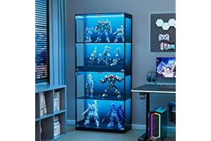 NAIZEA Display Cabinet with Glass Doors, 4-Tier Curio Cabinet with 9 Color Lights for Collectibles, Glass Display Case with R