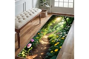 Bycmuoz Realistic Forest Path Living Room Carpet, 2x7ft, Grass Wildflowers Dreamy Garden Hallway Carpets, Breathable Non-Shed