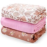 Happy Flute 3 Set Muslin Swaddle Blankets,Essential Baby&Newborn Swaddling,Perfect for Boys&Girls,Receiving Blankets,Nursing,Stroller Cover,Large 47.2x43.3 inches Swaddle Wrap Burping Clothes. (Pink)