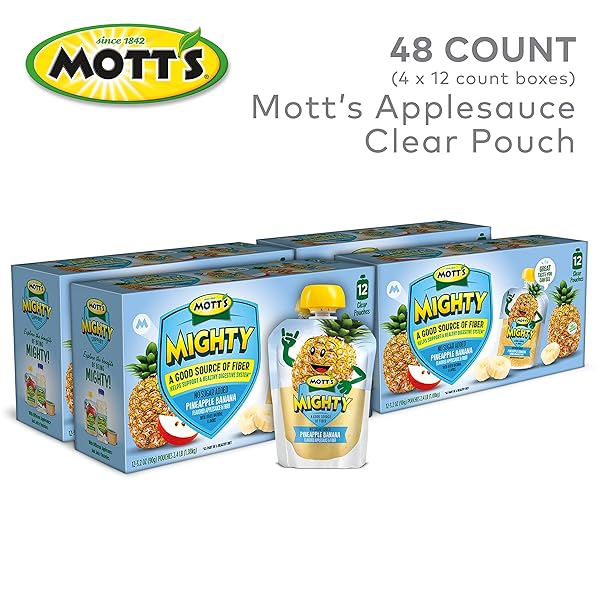 MOTT’S MIGHTY PINEAPPLE BANANA APPLESAUCE, 3.2 OZ CLEAR POUCHES, 48 COUNT (4 PACKS OF 12), NO SUGAR ADDED, GOOD SOURCE OF FIBER, SUPPORTS A HEALTHY DIGESTIVE SYSTEM, GLUTEN-FREE, KOSHER