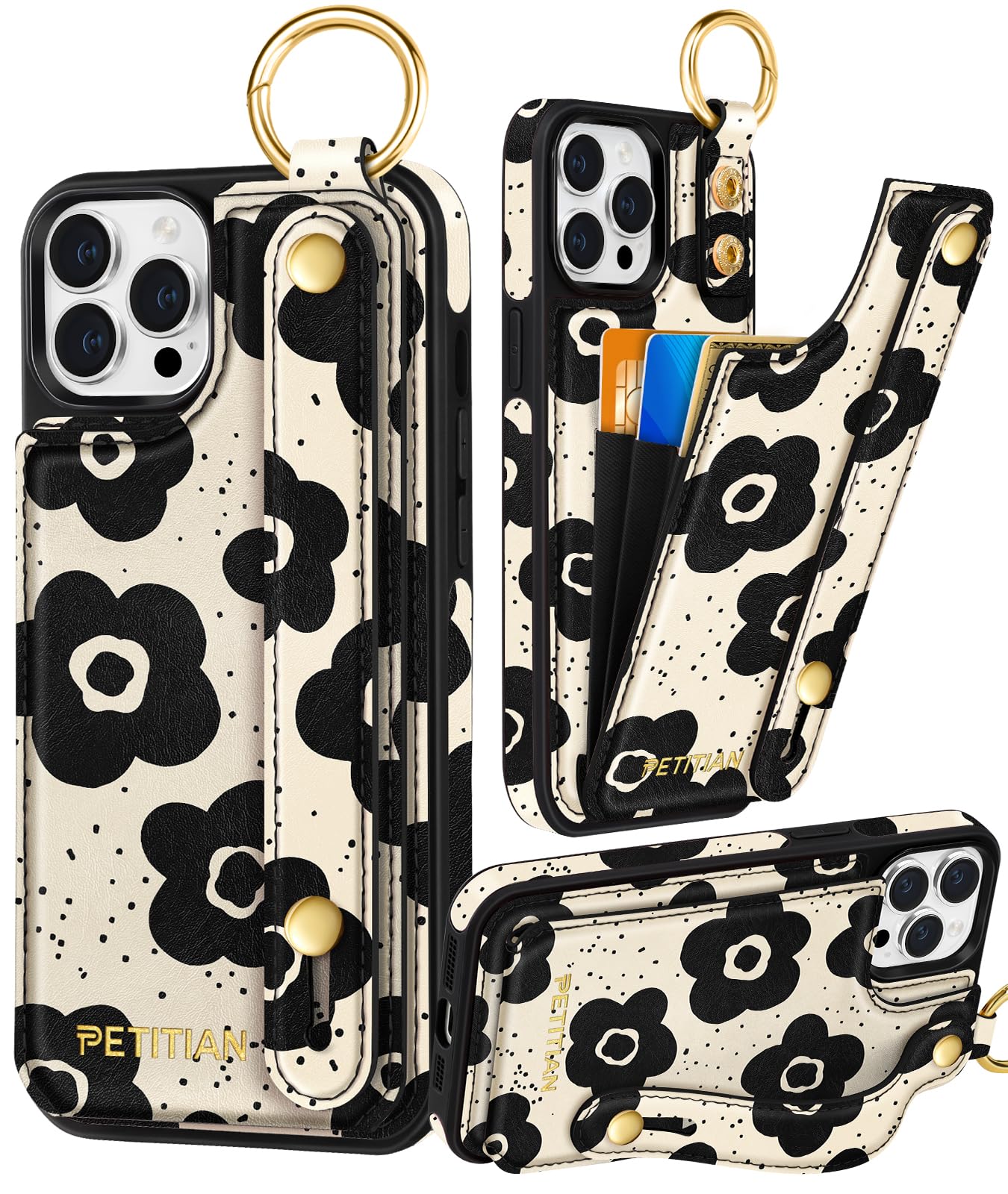 Photo 1 of Petitian for iPhone 12 Pro Max Case with Wallet - Women Girls Cute Girly Aesthetic Unique Design Leather Credit Card Holder Cardholder Stand Wristband for iPhone 12 Pro Max, Black Flower