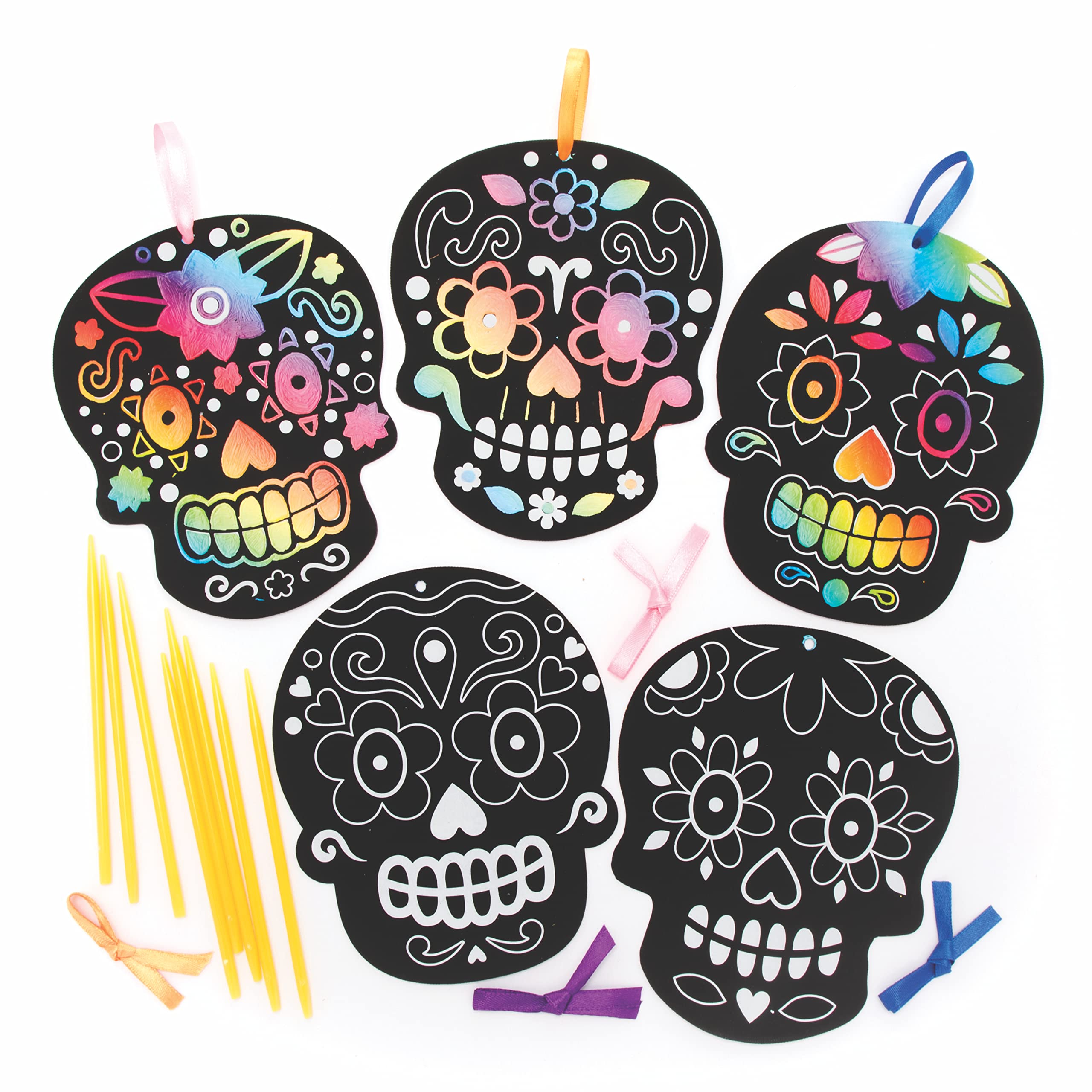 Baker Ross FE749 Day of The Dead Scratch Art Decorations - Pack of 8, Halloween Scratch Childrens Arts and Crafts, Create and Craft Decorations for Kids,multi-color,14 centimeters