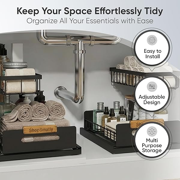 SHOPSMATLY UNDER SINK ORGANIZER 2-PACK, METAL UNDER SINK ORGANIZER FOR KITCHEN & BATHROOM, MULTI-USE UNDER SINK STORAGE RACK FOR CLEANING SUPPLIES AND BATHROOM ESSENTIALS (BLACK)