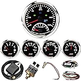 RACETECH 5 Gauge Set 2in1 Speedometer - Black Dial (Marine Gauge) | 85mm 3-3/8", 120 MPH, 8000 RPM, Indicator Light &amp; Odometer, Fuel Oil Pressure Water Temp Volt Gauge, 240-33 ohm, 12/24V