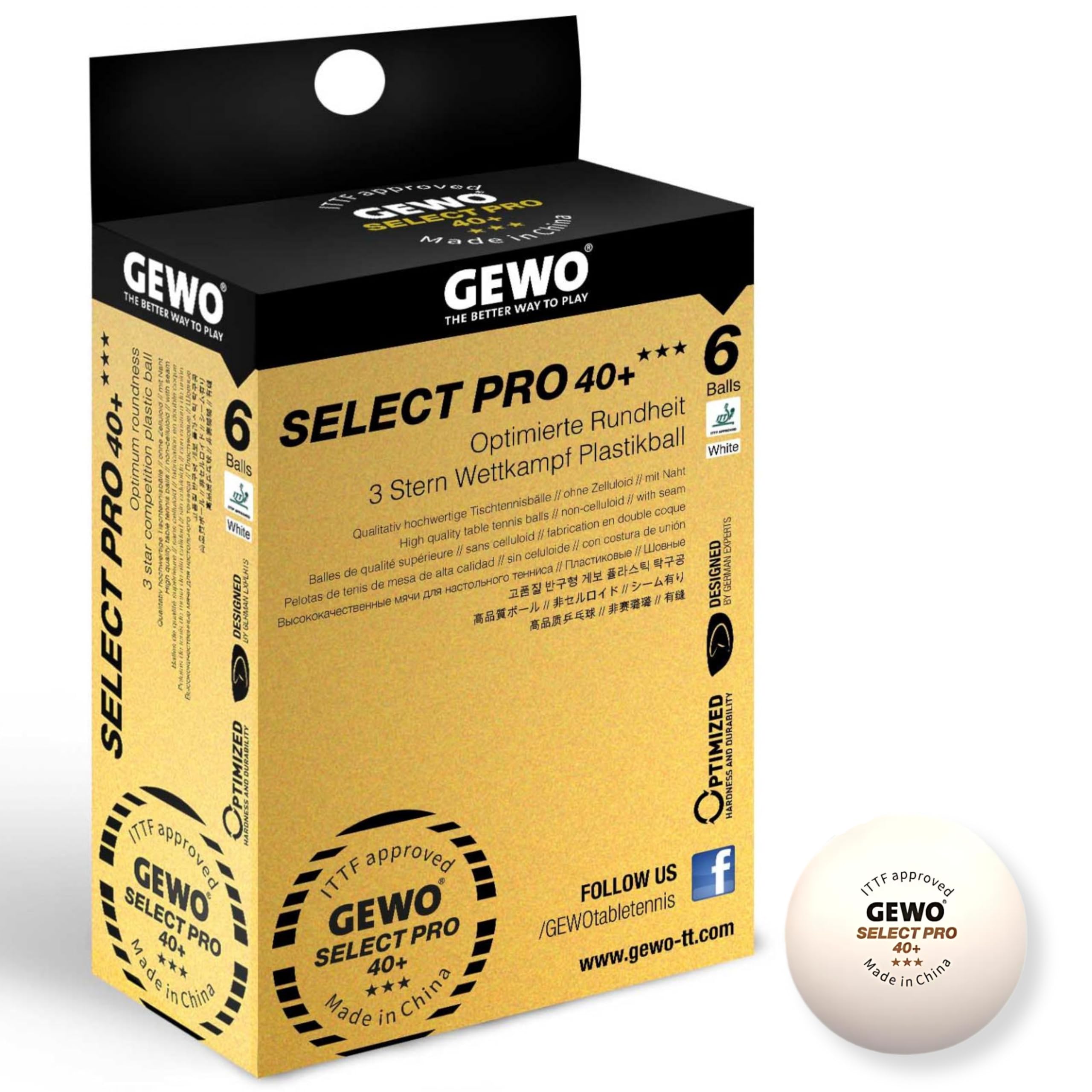GEWO Select PRO Table Tennis Balls - 3 Star Table Tennis Ball Made of Plastic 40+ with Stitching - ITTF Certified Competition Balls - 6 Professional Table Tennis Balls, 40 + mm Diameter,
